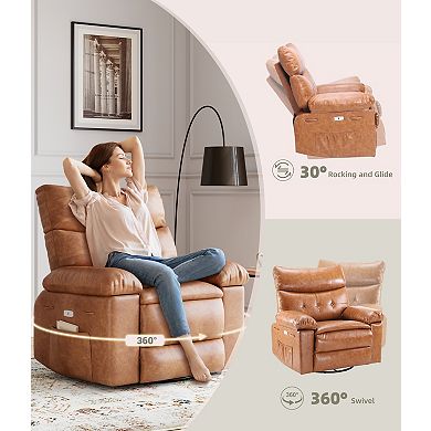 Oversized Cognac Faux Leather Swivel Rocker Recliner with Massage Heat