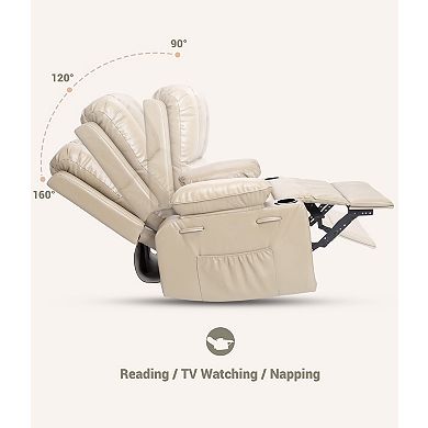 Creamy Leather Suede Manual Recliner with Cup Holders and Pockets