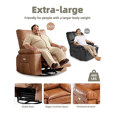 Leather Swivel Rocker Recliner Chair Heat Massage Manual Single Sofa Regular Oversized Sizes