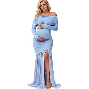 Women Maternity Long Sleeve Off Shoulder Baby Party Mesh Paneled Split Maxi Baby Shower Dress