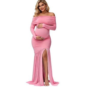 Women Maternity Long Sleeve Off Shoulder Baby Party Mesh Paneled Split Maxi Baby Shower Dress