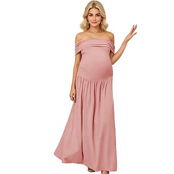 Womens Off The Shoulder Pleated Maternity Casual Flowy Long Gown Maxi Dress