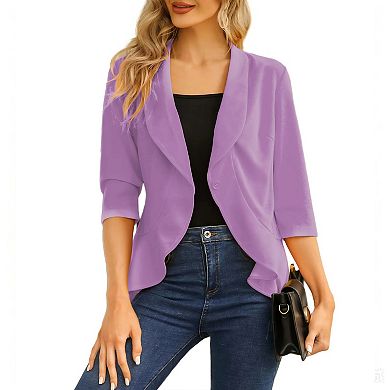 Womens Casual Blazer 3/4 Sleeve Open Front Ruffle Work Office Cardigan Suit Jacket