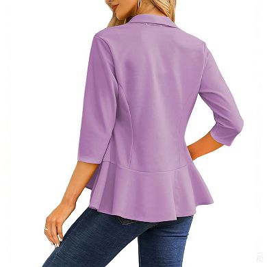 Womens Casual Blazer 3/4 Sleeve Open Front Ruffle Work Office Cardigan Suit Jacket