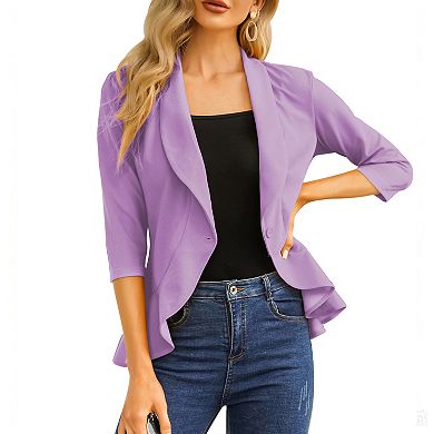 Womens Casual Blazer 3/4 Sleeve Open Front Ruffle Work Office Cardigan Suit Jacket