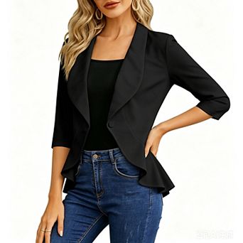 Womens Casual Blazer 3/4 Sleeve Open Front Ruffle Work Office Cardigan Suit Jacket
