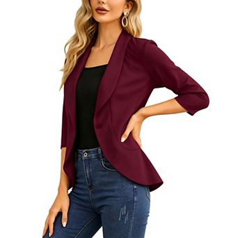 Womens Casual Blazer 3/4 Sleeve Open Front Ruffle Work Office Cardigan Suit Jacket