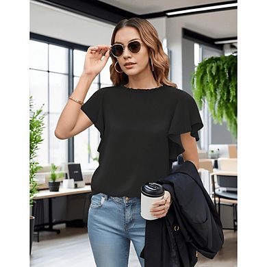 Ruffle Neck Flutter Sleeve Tops Women Casual Loose Textured Blouses