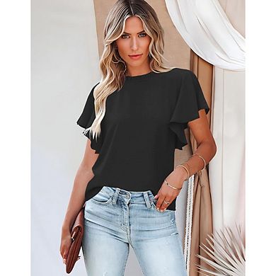 Ruffle Neck Flutter Sleeve Tops Women Casual Loose Textured Blouses