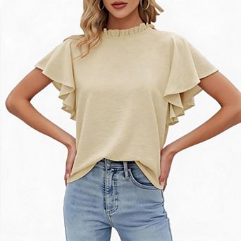 Ruffle Neck Flutter Sleeve Tops Women Casual Loose Textured Blouses