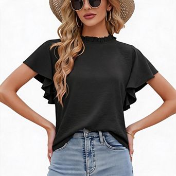 Ruffle Neck Flutter Sleeve Tops Women Casual Loose Textured Blouses