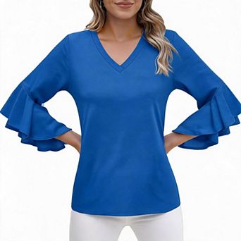 V Neck Bell Sleeve Blouses Women Casual Curved Hem 3/4 Sleeve Tops