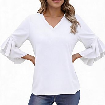V Neck Bell Sleeve Blouses Women Casual Curved Hem 3/4 Sleeve Tops