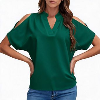 Cold Shoulder Split V Neck Blouses For Women Short Sleeve Casual Tops
