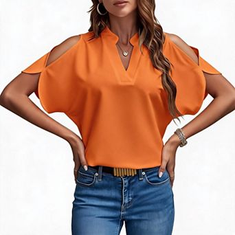Cold Shoulder Split V Neck Blouses For Women Short Sleeve Casual Tops