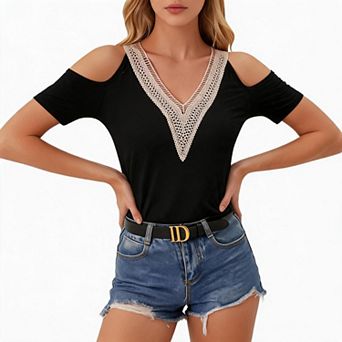 Cold Shoulder V Neck Lace Trim Tees for Women Short Sleeve Casual Tops