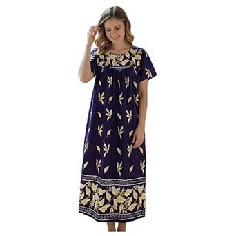 Loungees Border Print Cotton Lounge Dress House Dress Caftan Sweetheart Neck Short Sleeve