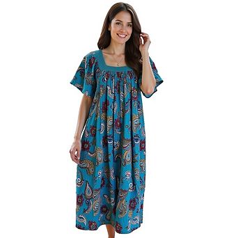 Loungees Print Crinkle Cotton Gauze Loungedress House Dress Caftan Square Neck