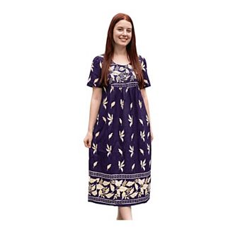 Loungees Petite length Border Print Cotton Lounge Dress House Dress 3 Button Bib Yoke Short Sleeve