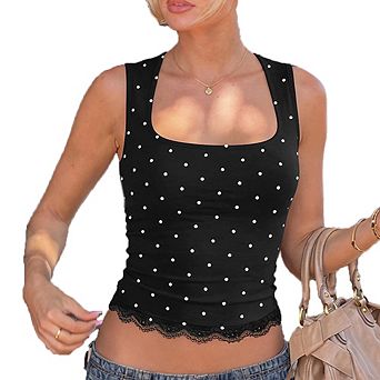 Women's Square Neck Polka Dot Lace Trim Fitted Sleeveless Crop Tank Top