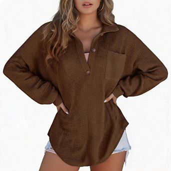 Oversized Waffle Henley Collar Long Sleeve Shirts Women Casual Loose Pocket Tunic Blouses Daily Wear