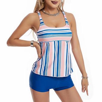 Women's Striped Wide Strap Square Neck Flowy Hem Sleeveless Casual Tank Top