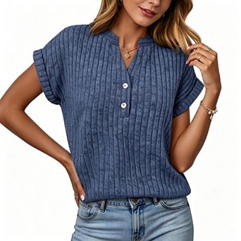 Women's Henley V Neck Half Button Vertical Ribbed Roll Cuff Short Sleeve Casual Top