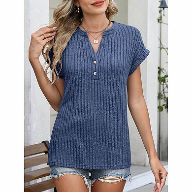 Women's Henley V Neck Half Button Vertical Ribbed Roll Cuff Short Sleeve Casual Top