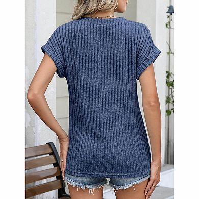 Women's Henley V Neck Half Button Vertical Ribbed Roll Cuff Short Sleeve Casual Top