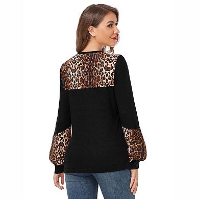 Women's Round Neck Waffle Knit Lace Spliced Leopard Print Raglan Lantern Long Sleeve Top