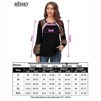 Women's Round Neck Waffle Knit Lace Spliced Leopard Print Raglan Lantern Long Sleeve Top