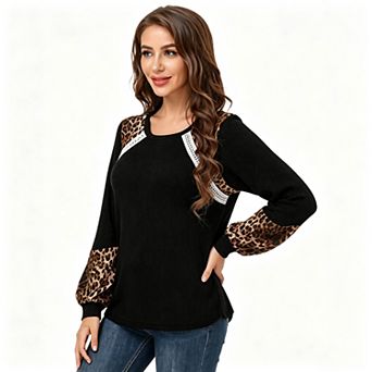 Women's Round Neck Waffle Knit Lace Spliced Leopard Print Raglan Lantern Long Sleeve Top