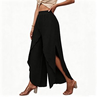 Women's High Waist Elastic Waist Irregular Wrap Overlay Split Wide Leg Cropped Pants