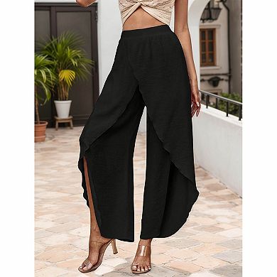 Women's High Waist Elastic Waist Irregular Wrap Overlay Split Wide Leg Cropped Pants