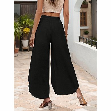 Women's High Waist Elastic Waist Irregular Wrap Overlay Split Wide Leg Cropped Pants