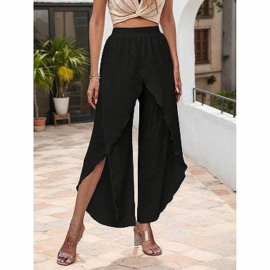 Women's High Waist Elastic Waist Irregular Wrap Overlay Split Wide Leg Cropped Pants