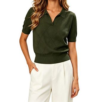 Women's Polo Collar Diamond Hollow Knit Short Sleeve Top Ribbed Hem Slim Fit Knit Blouse