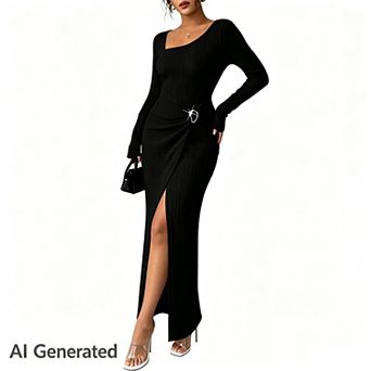 Women's Long Sleeve Maxi Bodycon Round Neck Dresses Elegant Formal Asymmetrical Weddding Guest