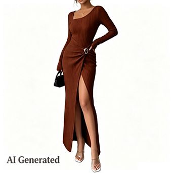 Women's Long Sleeve Maxi Bodycon Round Neck Dresses Elegant Formal Asymmetrical Weddding Guest