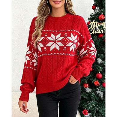 Women's Christmas Snowflake Cable Knit Sweater Crew Neck Drop Shoulder Long Sleeve Holiday Pullover