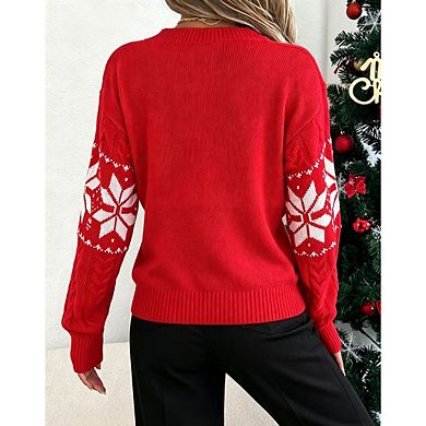 Women's Christmas Snowflake Cable Knit Sweater Crew Neck Drop Shoulder Long Sleeve Holiday Pullover