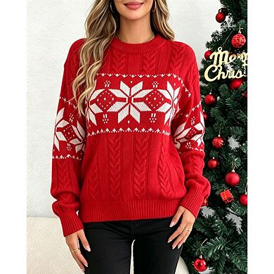 Women's Christmas Snowflake Cable Knit Sweater Crew Neck Drop Shoulder Long Sleeve Holiday Pullover