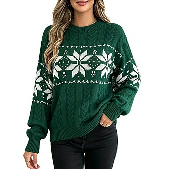 Women's Christmas Snowflake Cable Knit Sweater Crew Neck Drop Shoulder Long Sleeve Holiday Pullover