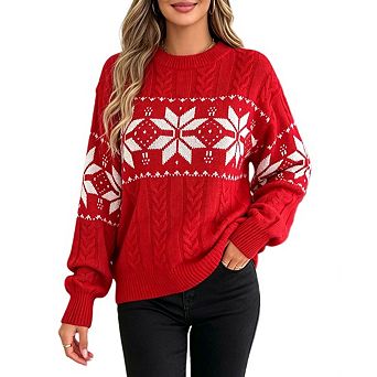Women's Christmas Snowflake Cable Knit Sweater Crew Neck Drop Shoulder Long Sleeve Holiday Pullover