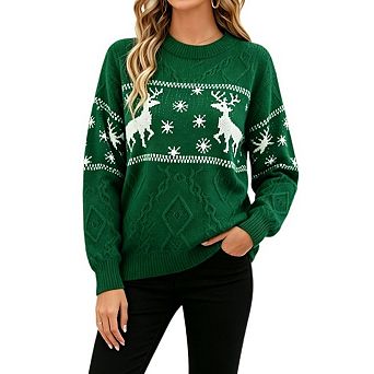Women's Christmas Reindeer Cable Knit Sweater Crew Neck Balloon Long Sleeve Loose Holiday Pullover