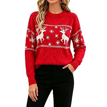 Women's Christmas Reindeer Cable Knit Sweater Crew Neck Balloon Long Sleeve Loose Holiday Pullover