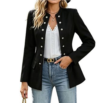 Women's Stand Collar Double Breasted Blazer Casual Dressy Long Sleeve Slim Suit Jacket