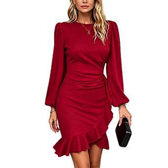 Women's Crew Neck Puff Long Sleeve Ruched Wrap Ruffle Hem Bodycon Mini Party Dress