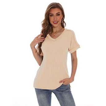 Womens Summer V Neck T Shirts Casual Short Sleeve Tops Cute Loose Fit Basic Tees