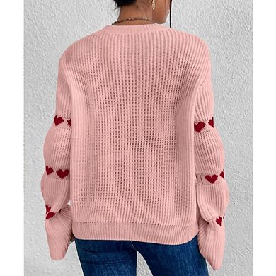 Women's Cozy Knit Sweater Cute Hearts Long Sleeve Crew Neck Pullover Sweaters Tops